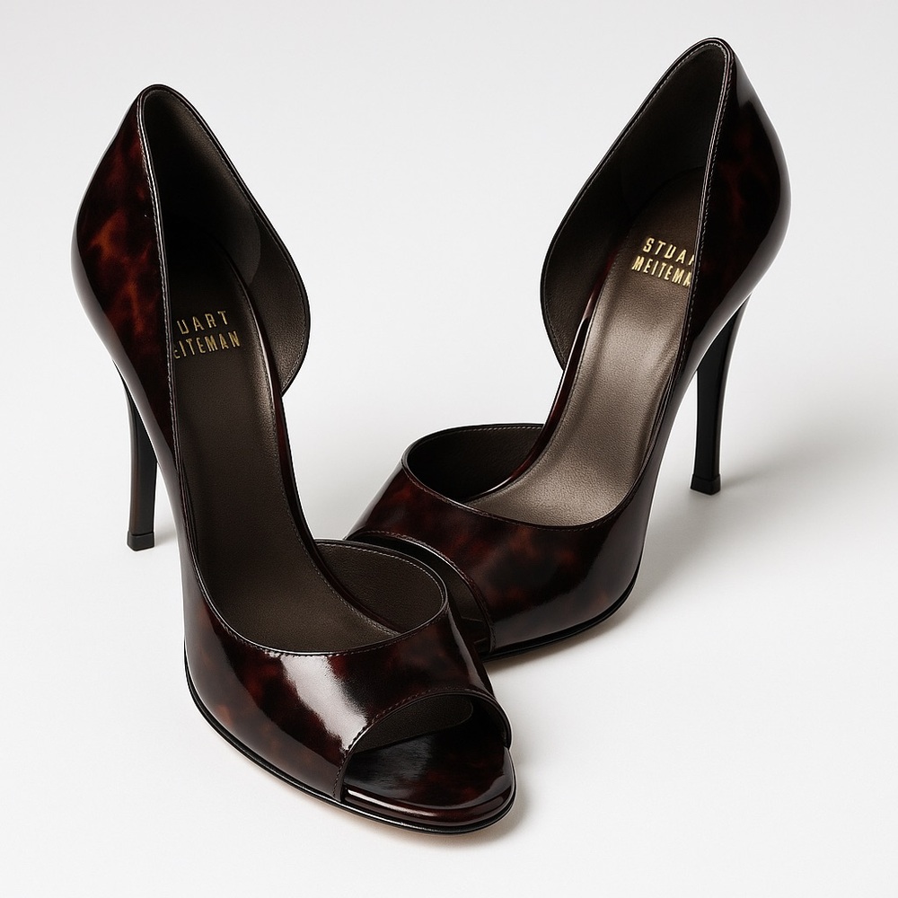 Stuart Weitzman Tortoise Shell Peep Toe Heels - Picture 3 of 12